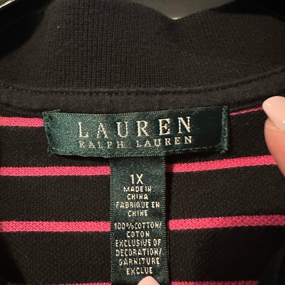 Lauren Ralph Lauren Black Pink Striped Polo Shirt Women’s 1XL Short Sleeve - Picture 6 of 6